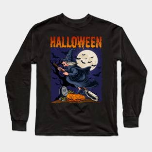 Halloween night flying witch Long Sleeve T-Shirt